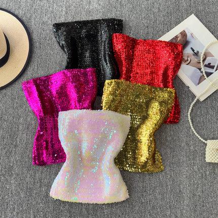 Elastic Slim Fit Stage Performance Outfit Heavy Sequin Wrap Chest Vest Tube Top in Pink Versatile Sexy Commute Sle ort Sl...