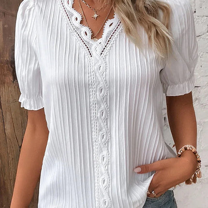 Women's Summer New Top Solid Sexy V-Neck Hollow Short Sleeve Shirt Fashion Splice Plus Size Blouse Loose Street Apparel