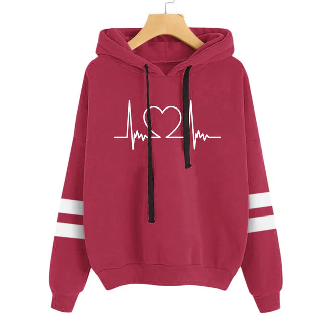 Fashion Heartbeat Printed Women Hoodies Lightweight Large Size Loose Pullover Female Solid Color Drawstring Hooded Sweatshirts