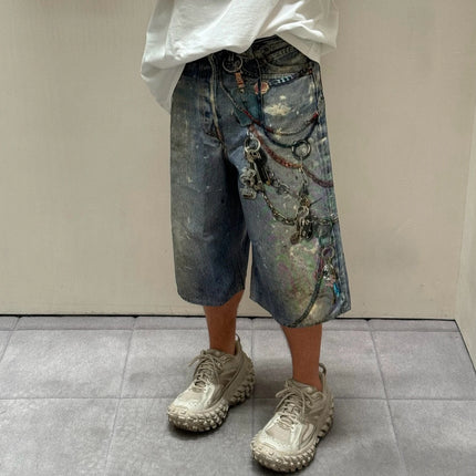 3D Candy Chain Print Baggy Jeans Shorts for Men Streetwear Summer Wide Leg Patchwork Casual Loose Knee Length Pants Oversized