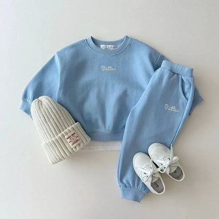 Casual Kids Tracksuit Set for Boys Girls Pure Cotton Solid Color Embroidered "Butter" Sweatshirt Pants Spring Autumn Wear