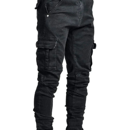 new Jeans Men Pants Wash Solid Color Multi Pockets Denim Mid Waist Cargo Jeans Plus Size Fahsion Casual Trousers Male Daily Wear