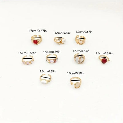 10/17Pieces Fashion Heart & Cat Eye Opal Ring Set For Women Mix Style Open Adjustion Daily Jewelry Party Gifts