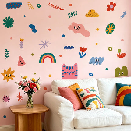 Boho Shapes Wall Decal Set, Colorful Modern Kids Room Wall Stickers, Removable Clouds & Rainbows for Nursery Toddler Bedroom