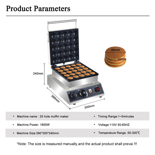 HPH2O Electric 25 Pcs Mini Pancake Maker Dutch Pancakes Machine 1750W Non-stick Coating Baking Dessert Equipment Mini Hotcakes