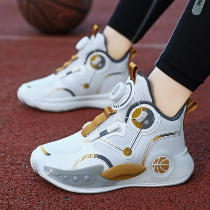 Children Basketball Shoes Boys Sports Comfortable Non Slip Flat Fitness Shoes 2025 New Rotating Button Sports Sneakers for Kids