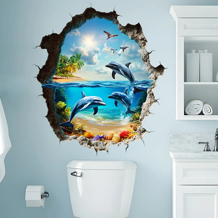 3D Wall Breaking Wall Stickers Living Room bathroom Wall Decor Boys Children's Room Underwater World Wall Stickers