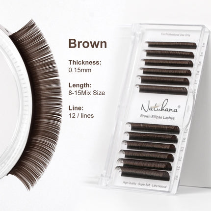NATUHANA Brown Ellipse Flat Eyelashes Extensions Matte Faux Lashes Split Tips Soft Light Weight Ellipse Shaped Makeup Tools