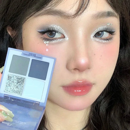 4-Color Glitter Blue Eyeshadow Palette Matte Pearl Shimmer Acrylic Smoky Grey Eye Shadow Palette Long Lasting Makeup Cosmetic