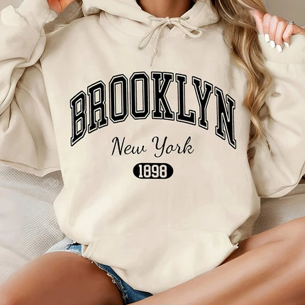 Brooklyn New York 1898 Hoodie Sweatshirt - Casual Polyester Hooded Pullover with Drawstring Alphabet Pattern