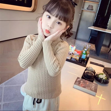 Girls Sweater Winter Decorative Buttons High Neck Solid Color Bottom Shirt Multicolour Children High Elasticity Knit Pullover