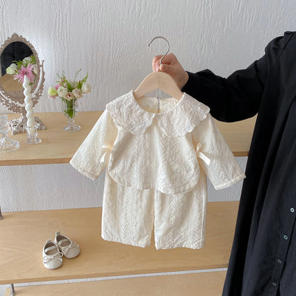 Baby girl lace collar top, wide-leg pants set, autumn girls' bow top, jacquard fabric pants two-piece set