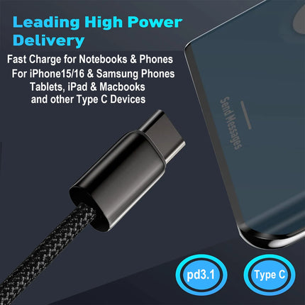 240W/100W PD3.1 Fast Charging Cable for iPhone17/16/15, Samsung S24/23/22, iPad Pro, Macbook Pro, Nylon Braided Durable Cable.