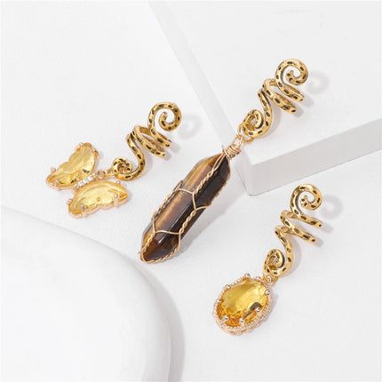 Green Crystal Aventurines Butterfly Hexagonal Prism Round Shape Hair Clip 3pcs/Set Headwear Women Healing Reiki Hair Accessories