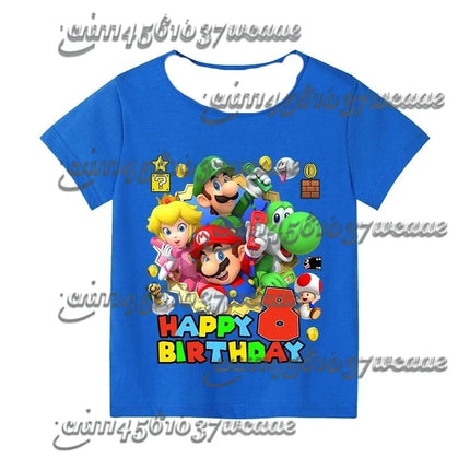 Super Mario Birthday Number T-Shirt Blue Short Sleeve Cartoon Figure Party Top for Men Women Kids - Family Matching Gift