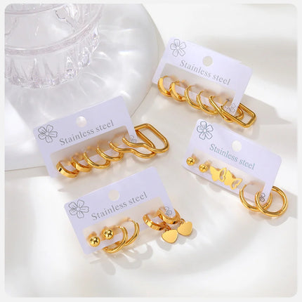 Vnox 6pcs/set Stainless Steel Stud Hoop Earrings Simple Classic 18K Gold Plated Earrings For Women Holiday Jewelry Set Wholesale