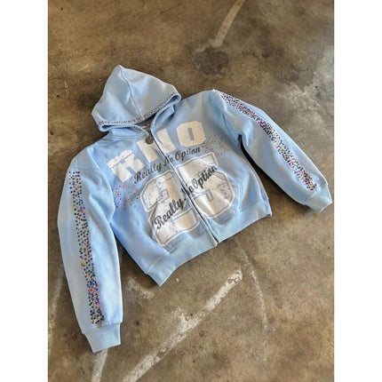 Y2K E-Girl Light Blue Washed Zip Hoodie Women Leopard Trim Letter Print Oversized Cropped Streetwear Jacket 2026