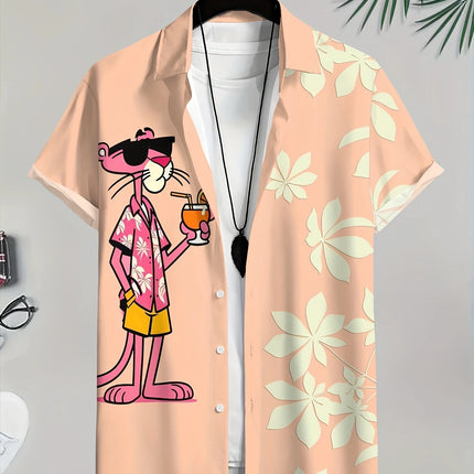 Cartoon Leopard Graphic Men Short Sleeve Lapel Shirt Tops Unisex Pink Button-Down Hawaiian Shirts Summer Daily Female Blouses
