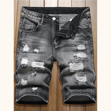 Men's denim shorts with summer frayed elastic men's casual pants slim-fit European-style shorts tight and worn-out men's pants