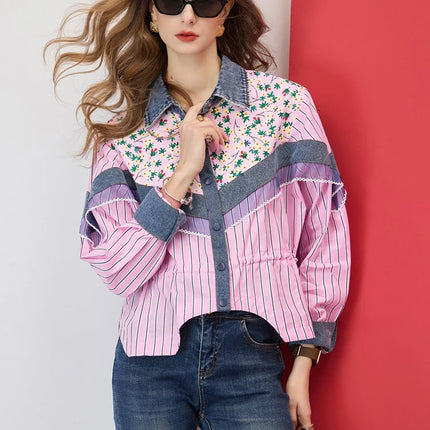 Women Cropped Striped Floral Print Patchwork Shirt Loose Fit Drawstring Waist Button Up Blouse Casual Shirt Top