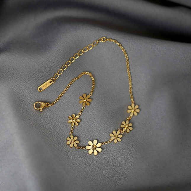 304 Stainless Steel Stylish Link Chain Anklet Daisy Flower Summer Beach Anklets On Foot For Women Jewelry 21cm(8 2/8") long
