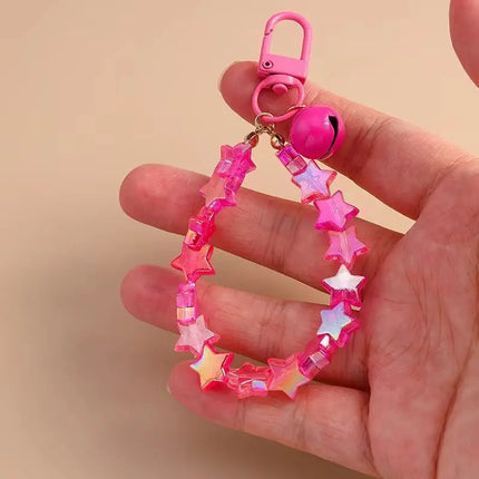 Fashion Colorful Handmade Star Beads Bracelet Bell Keychain for Car Key Women Men Handbag Pendant Keyrings DIY Jewelry Gifts