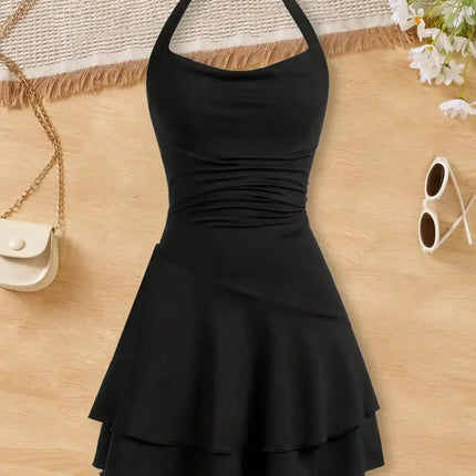 2026 Girls' Fashionable Dress with Waist Cinching and Slimming Effect, Backless Cross Tie Dress, Children's Clothing 1