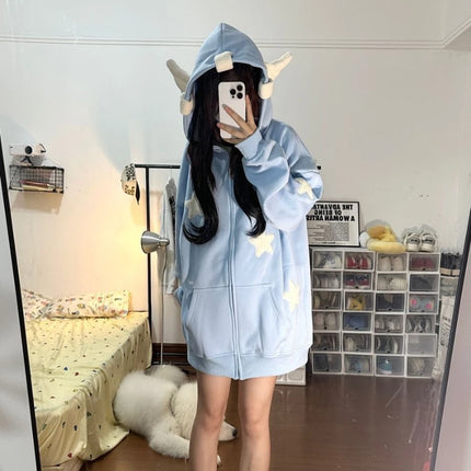 Japanese dopamine style cute star angel wing women's top autumn and winter loose hooded women's hoodie sweet style