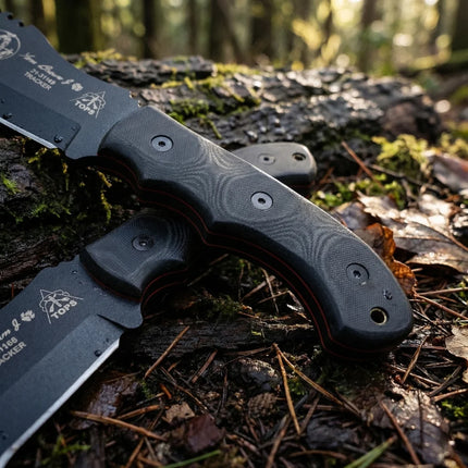 TOPS Tracker - Jungle Rescue Knife for the Outdoors, 1095 high-carbon steel, Micta handle, camping emergency knife