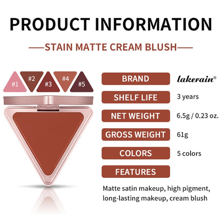 Lakerain Triangle Cream Blush Cream Matte Cream Non-greasy Easy to Push Color Saturation High Natural Rosy Rouge Blush Cream