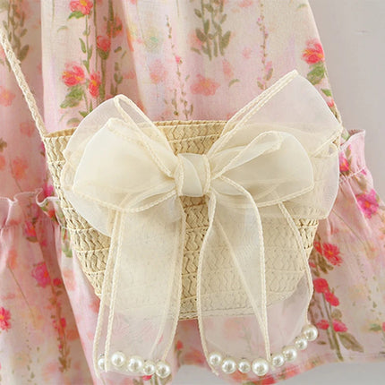 Summer Floral Print Lace Flutter Sleeve Layered Baby Girl Princess Dress Cute Flower Girl Dress With Bag