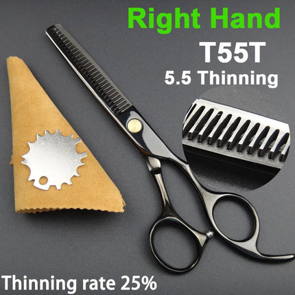 Japan 440C Titanium Qlating Barber Professional Scissors for Hairdresser 5.5 / 6.0 Cutting Thinning Black Hair Scissor Shears