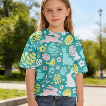 Children's Bunny Easter T-Shirt Fashion Short Sleeve Round Neck Regular Top Holiday Cute Rabbits Eggs Print Summer Girls Clothes