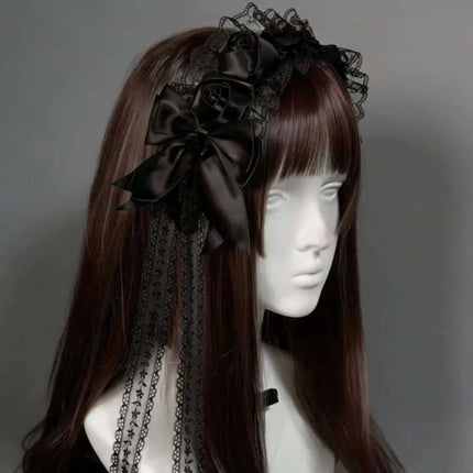 Gothic Lolita Lace Headbands for Women Double Black White Satin Rose Flower Bow with Tassel Elegant Cosplay Hair Accessories