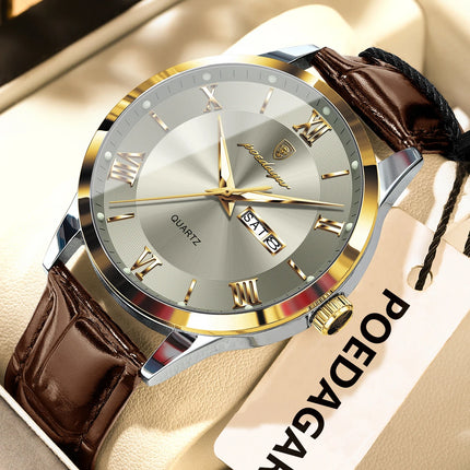 POEDAGAR Original Luxury Men's Wristwatch Leather Date Week Quartz Fashion Men Watch Waterproof Luminous Classic Watches For Men