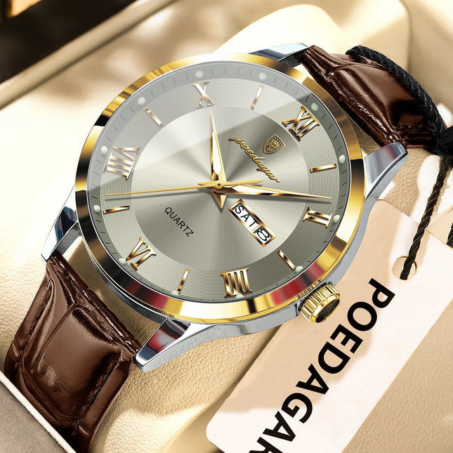 POEDAGAR Original Luxury Men's Wristwatch Leather Date Week Quartz Fashion Men Watch Waterproof Luminous Classic Watches For Man