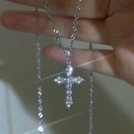 Silver Color Zircon Cross Pendant Necklace for Women Shiny Rhinestone Collar Necklaces 2025 Trend Christmas Jewelry