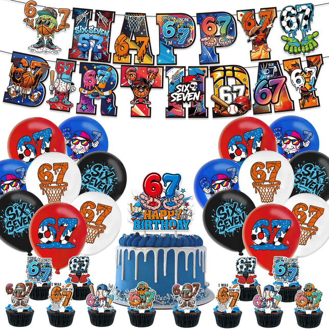 I WAS 6 NOW IM 7 Number 67 Themed Birthday Party Decoration Banner Balloon Cake Toppers＆ Make A Face DIY Stickers Creative Gift