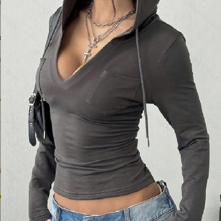 New Elegant Fashionable Pure Color V-Neck Long Sleeve Ladies Hoodie for Commuting