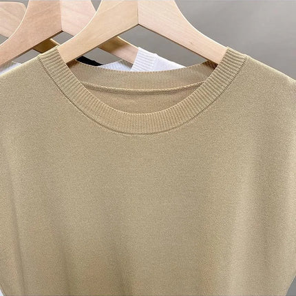 Ice Silk Knitted Top Women's Summer Thin Shoulder Drop Round Neck Short Sleeve T-shirt Pure Color Commute Style Outerwear