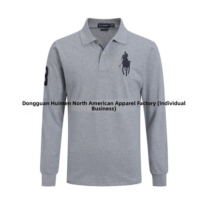 Long Sleeve Pure Cotton Polo Shirt Men's Embroidered Polo Neck T-Shirt Casual Spring Autumn British Style Loose Fit Solid Color