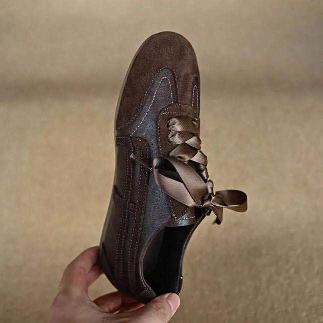 Suede Retro Lace Up Casual Flat Shoes Women Comfort Shallow Autumn Footwear Female Brown Genuine Leather Ballet Sneakers Women