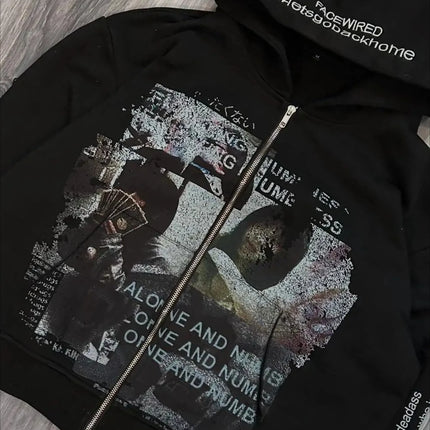 Harajuku Casual Letter Zip Oversized Hoodie Grunge Streetwear Gothic Sweatshirt Hoodies Women Tops Men Clothing Goth Y2k Clothes