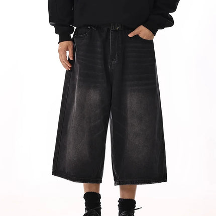 REDDACHiC Plus Size Men's Jeans Jorts Black Whiskers Cleanfit Wide Leg Casual Short Pants Hip Hop Skater Retro Summer Clothes