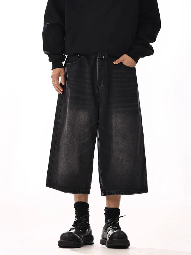 REDDACHiC Plus Size Men's Jeans Jorts Black Whiskers Cleanfit Wide Leg Casual Short Pants Hip Hop Skater Retro Summer Clothes