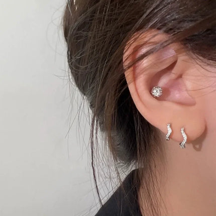 2PCS Stainless Steel Minimal Wave Hoop Earrings Crystal Zirconia Small Huggie Ear Rings for Women Piercing Jewelry
