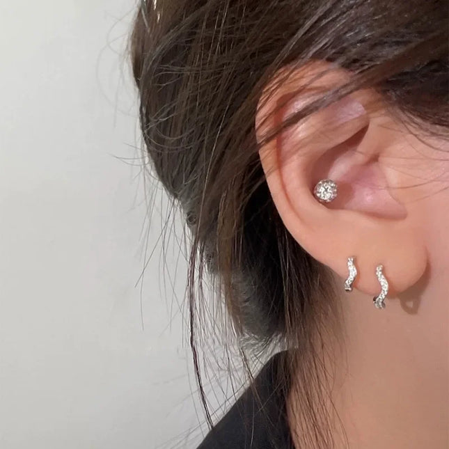 2PCS Stainless Steel Minimal Wave Hoop Earrings Crystal Zirconia Small Huggie Ear Rings for Women Piercing Jewelry