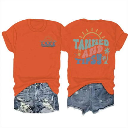Summer Beach Series T-shirts For Women Men "Tanned And Tipsy" Vacation Trip Tshirt Crewneck Short Sleeve Casual Camisetas Mujer