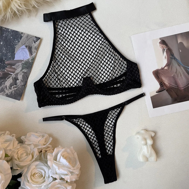 Intimate Lingerie Sexy Women's Fancy Tank Top Thong 2 Pcs Seductive Hollow Fishnet Party Outfit Hot Girl Backless Underwear