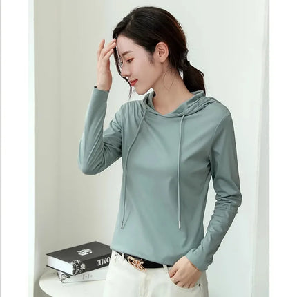 Silky cotton hooded sweatshirt T-shirt for women in spring 2025 new pure cotton versatile light luxury thin fashion base shirt